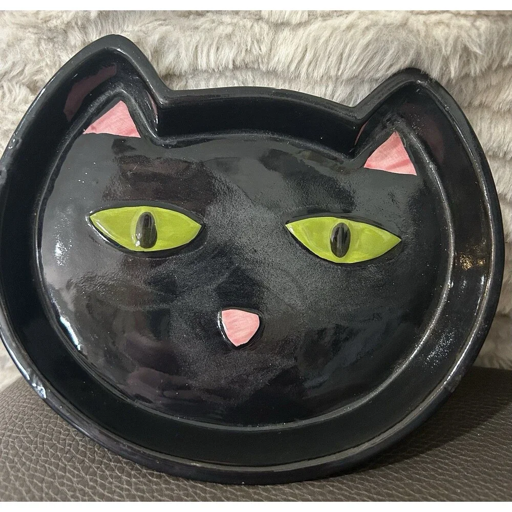 Ceramic Black Cat Plate. Black Finish, Green Eyes. Food Dish Or Decorative